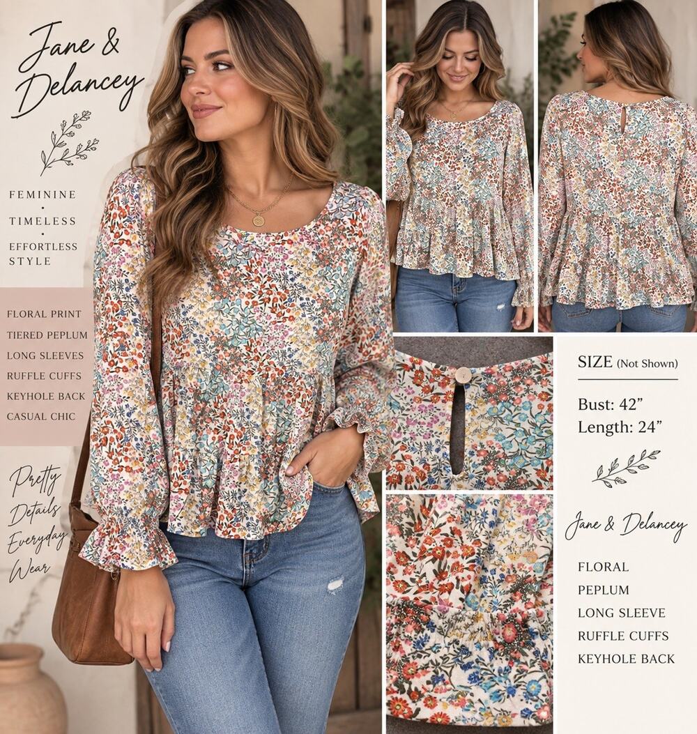 Jane & Delancey Womenβs Floral Peplum Blouse Long Sleeve Ruffle Boho Top Large